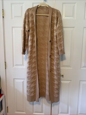 Beige Houndstooth Long Cardigan Sweater